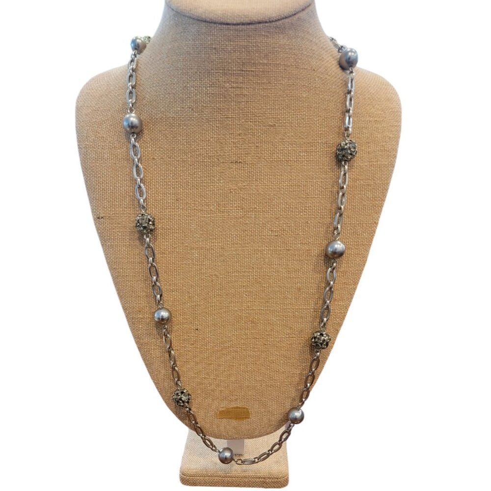 Silver Tone Large Link CZ and Solid Beaded Necklace